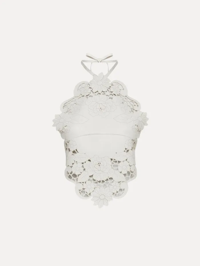 Women Laser Cut Floral Leather Halter Top White Oscar De La Renta Blouses and Knits