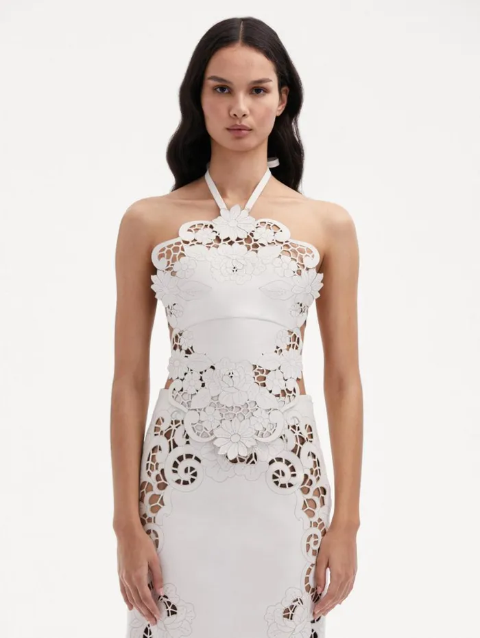 Women Laser Cut Floral Leather Halter Top White Oscar De La Renta Blouses and Knits Women Laser Cut Floral Leather Halter Top White Oscar De La Renta Blouses and Knits