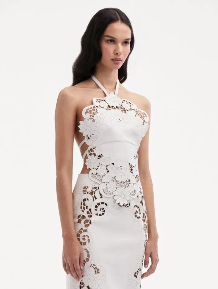 Women Laser Cut Floral Leather Halter Top White Oscar De La Renta Blouses and Knits Women Laser Cut Floral Leather Halter Top White Oscar De La Renta Blouses and Knits