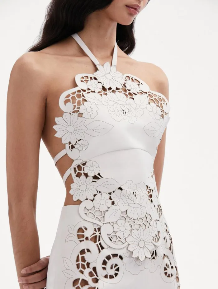 Women Laser Cut Floral Leather Halter Top White Oscar De La Renta Blouses and Knits Women Laser Cut Floral Leather Halter Top White Oscar De La Renta Blouses and Knits