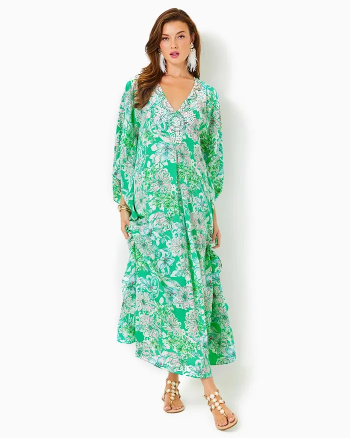 Women Lilly Pulitzer Dresses Mindy Beaded Silk Maxi Caftan Spearmint Blossom Views Women Lilly Pulitzer Dresses Mindy Beaded Silk Maxi Caftan Spearmint Blossom Views