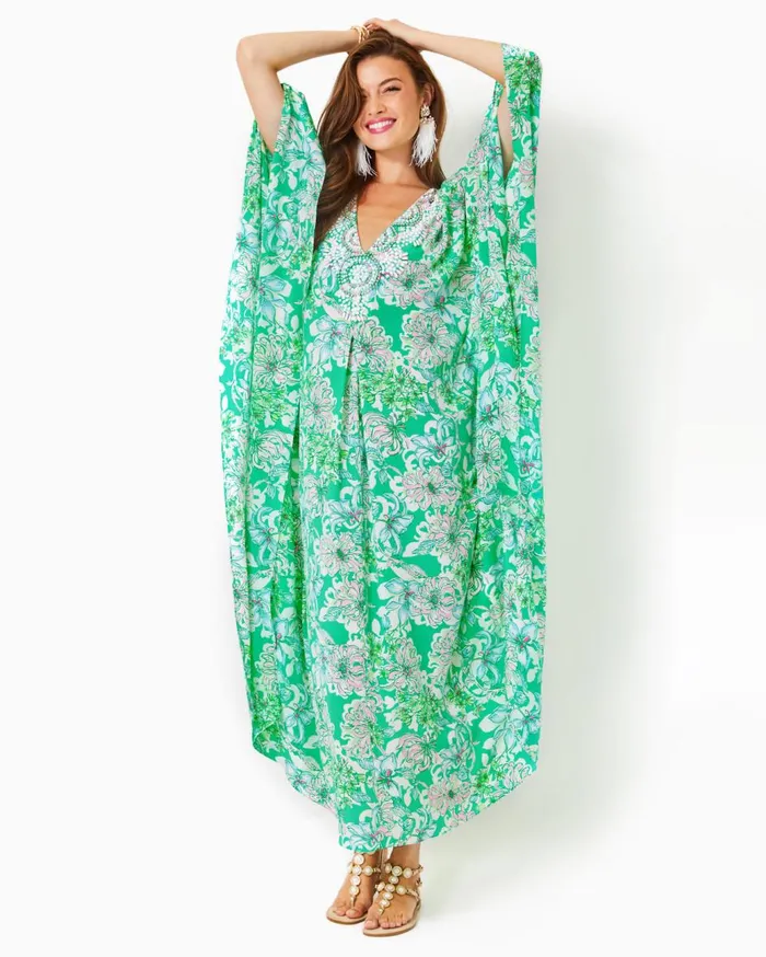 Women Lilly Pulitzer Dresses Mindy Beaded Silk Maxi Caftan Spearmint Blossom Views