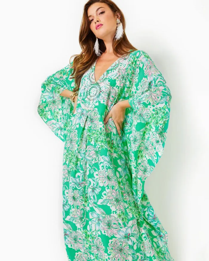 Women Lilly Pulitzer Dresses Mindy Beaded Silk Maxi Caftan Spearmint Blossom Views