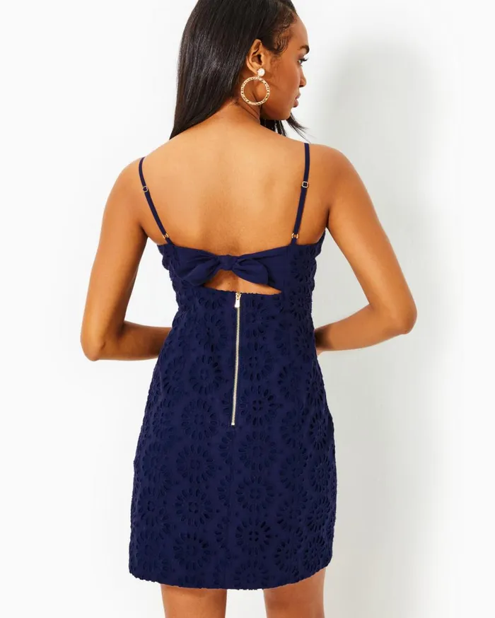 Women Lilly Pulitzer Dresses Shelli Eyelet Mini Dress True Navy Oversized Pinwheel Eyelet