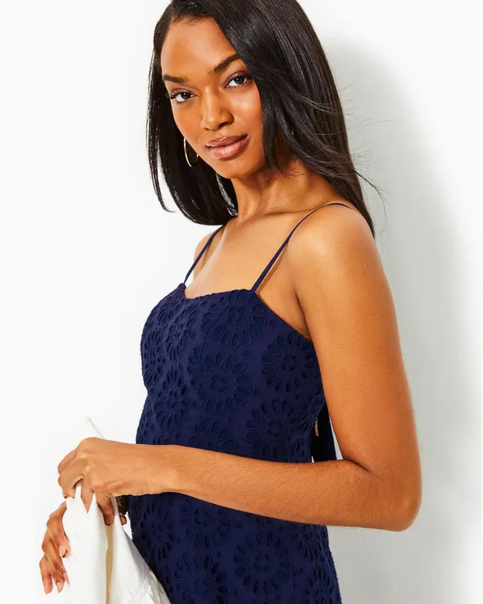 Women Lilly Pulitzer Dresses Shelli Eyelet Mini Dress True Navy Oversized Pinwheel Eyelet