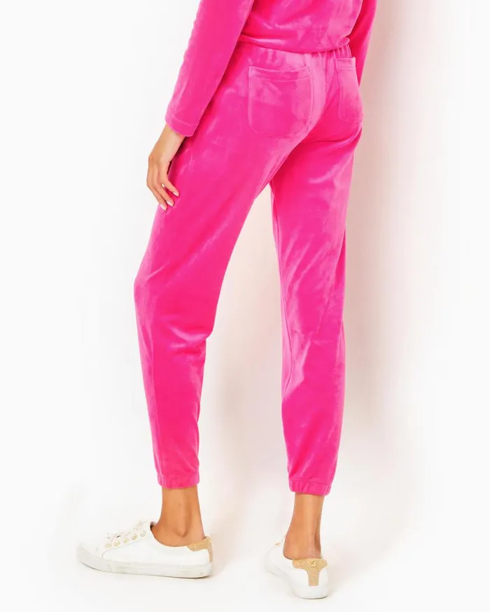Women Lilly Pulitzer Loungewear August Pullover and Mallie Pant Velour Set Pink Palms