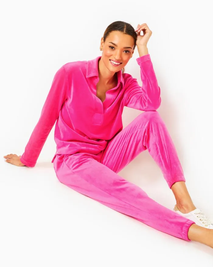 Women Lilly Pulitzer Loungewear August Pullover and Mallie Pant Velour Set Pink Palms