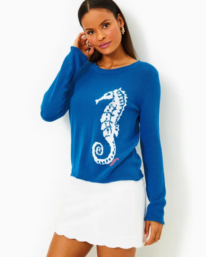 Women Lilly Pulitzer Sweaters and Cardigans Kellyn Sweater Barton Blue Seahorse Jacquard Women Lilly Pulitzer Sweaters and Cardigans Kellyn Sweater Barton Blue Seahorse Jacquard