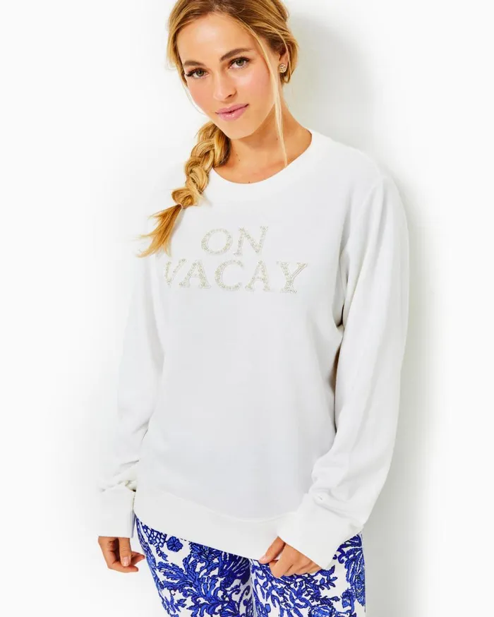 Women Lilly Pulitzer Tops Ballad Cotton Sweatshirt Resort White On Vacay Embellished Graphic Women Lilly Pulitzer Tops Ballad Cotton Sweatshirt Resort White On Vacay Embellished Graphic