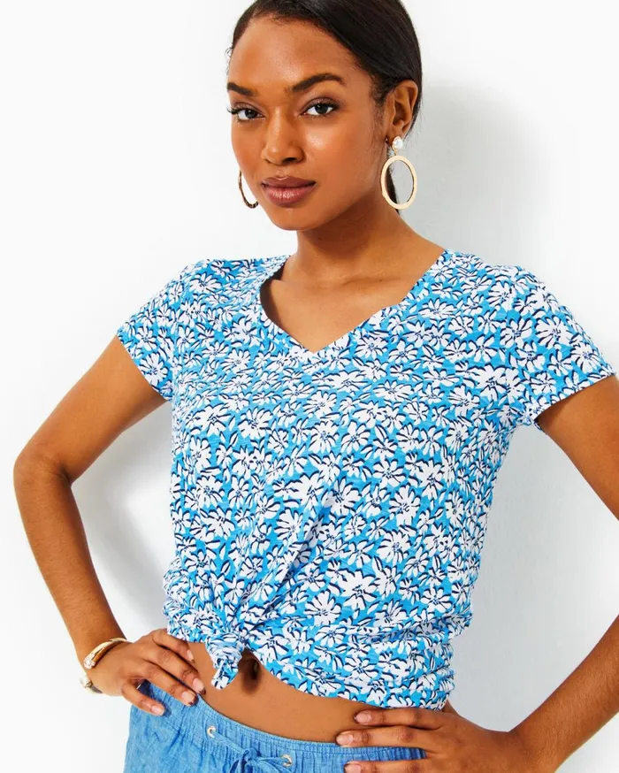 Women Lilly Pulitzer Tops Etta VNeck Cotton Top Lunar Blue Palm Beach Petals