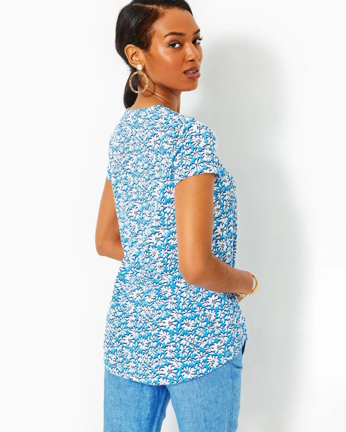 Women Lilly Pulitzer Tops Etta VNeck Cotton Top Lunar Blue Palm Beach Petals