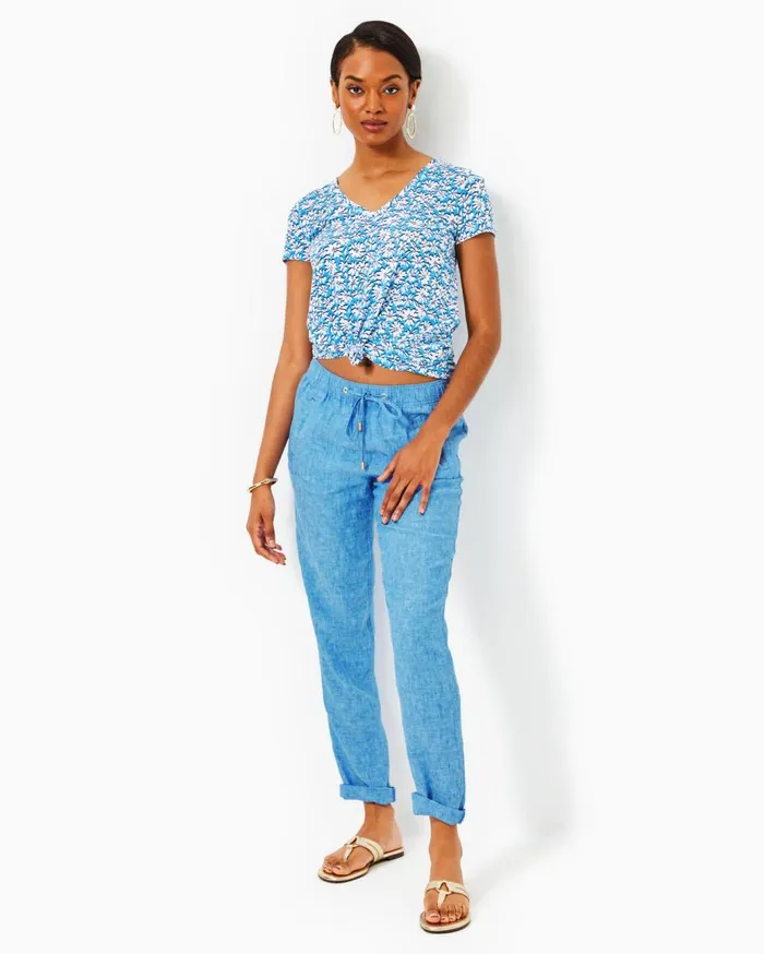 Women Lilly Pulitzer Tops Etta VNeck Cotton Top Lunar Blue Palm Beach Petals