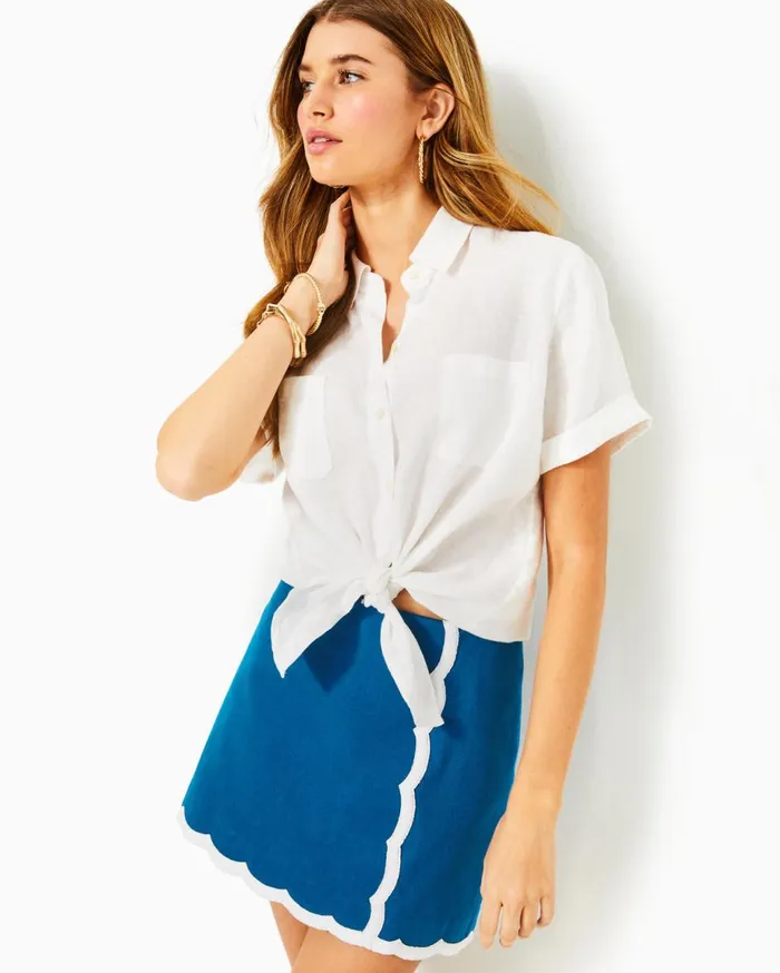 Women Lilly Pulitzer Tops Lynnie Button Down Linen Top Hydra Blue X Resort White Women Lilly Pulitzer Tops Lynnie Button Down Linen Top Hydra Blue X Resort White