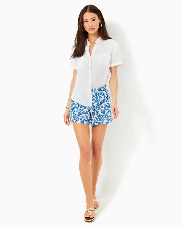 Women Lilly Pulitzer Tops Lynnie Button Down Linen Top Hydra Blue X Resort White Women Lilly Pulitzer Tops Lynnie Button Down Linen Top Hydra Blue X Resort White