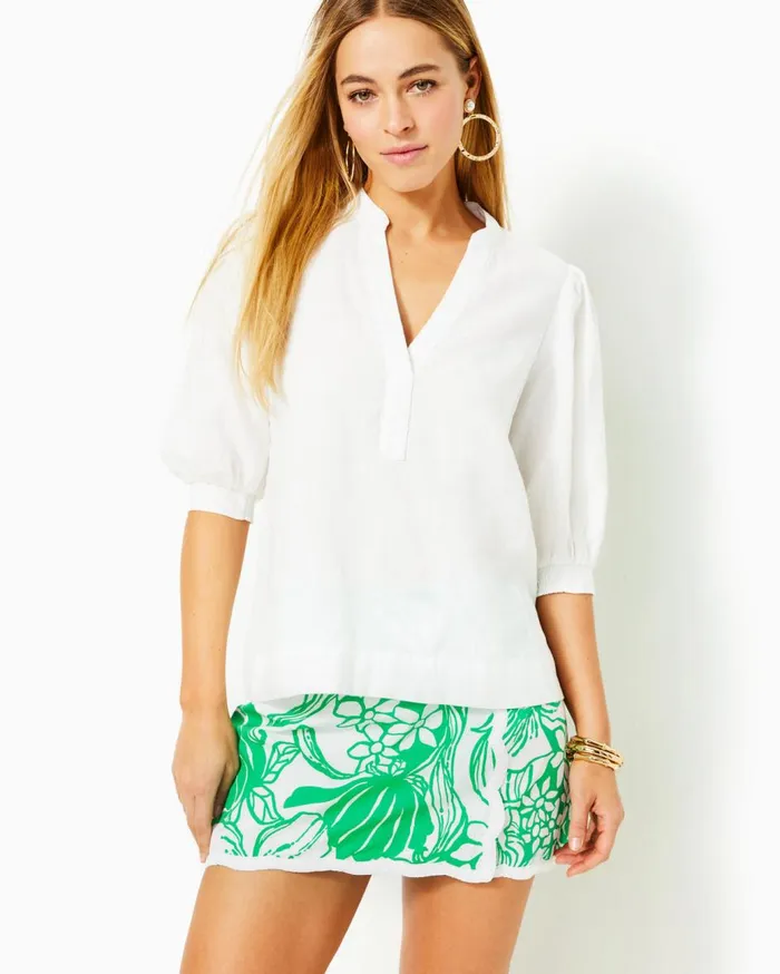 Women Lilly Pulitzer Tops Mialeigh Linen Top Hydra Blue X Resort White
