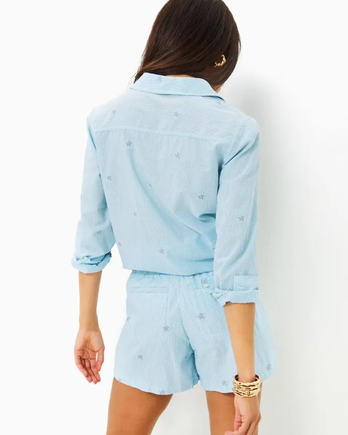 Women Lilly Pulitzer Tops Sea View Button Down Top Hydra Blue Seaside Star Jacquard Stripe Women Lilly Pulitzer Tops Sea View Button Down Top Hydra Blue Seaside Star Jacquard Stripe