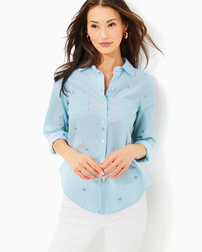 Women Lilly Pulitzer Tops Sea View Button Down Top Hydra Blue Seaside Star Jacquard Stripe Women Lilly Pulitzer Tops Sea View Button Down Top Hydra Blue Seaside Star Jacquard Stripe