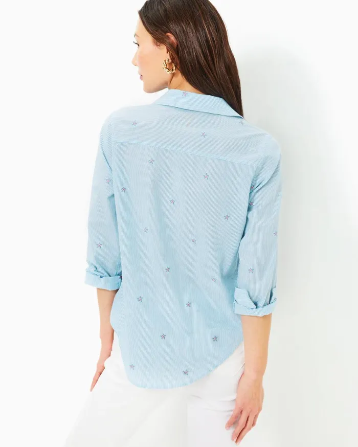 Women Lilly Pulitzer Tops Sea View Button Down Top Hydra Blue Seaside Star Jacquard Stripe Women Lilly Pulitzer Tops Sea View Button Down Top Hydra Blue Seaside Star Jacquard Stripe