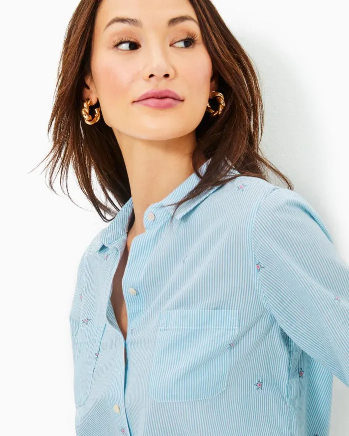 Women Lilly Pulitzer Tops Sea View Button Down Top Hydra Blue Seaside Star Jacquard Stripe Women Lilly Pulitzer Tops Sea View Button Down Top Hydra Blue Seaside Star Jacquard Stripe