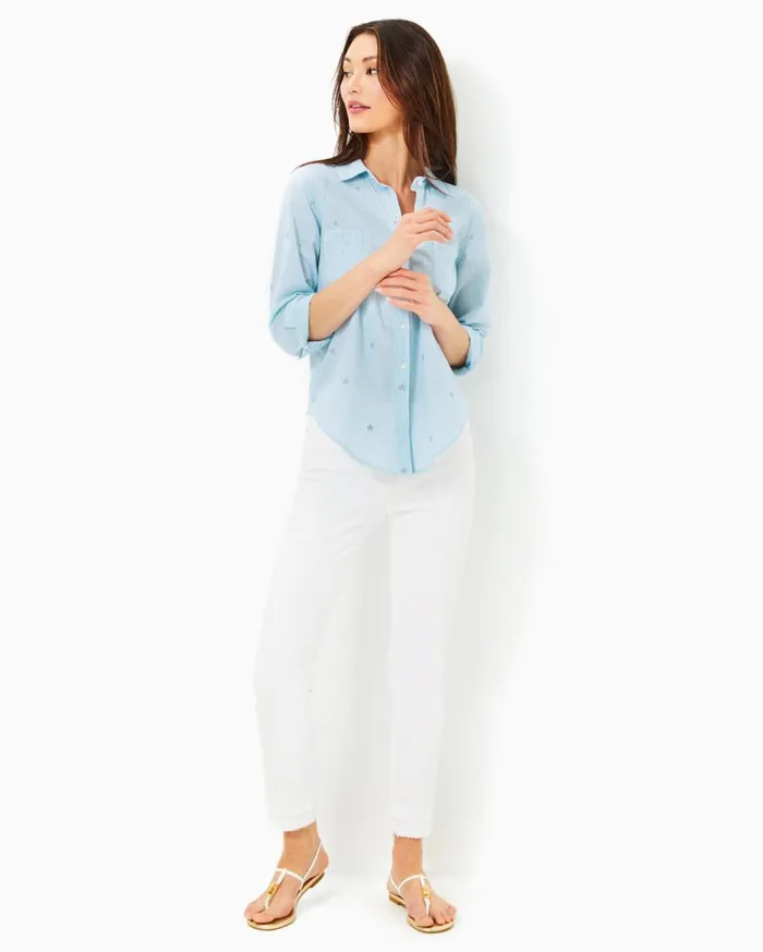Women Lilly Pulitzer Tops Sea View Button Down Top Hydra Blue Seaside Star Jacquard Stripe Women Lilly Pulitzer Tops Sea View Button Down Top Hydra Blue Seaside Star Jacquard Stripe