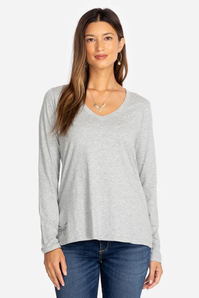 Women Long Sleeve VNeck Layering Tee Heather Grey Johnny Was Tops