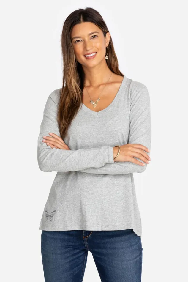 Women Long Sleeve VNeck Layering Tee Heather Grey Johnny Was Tops