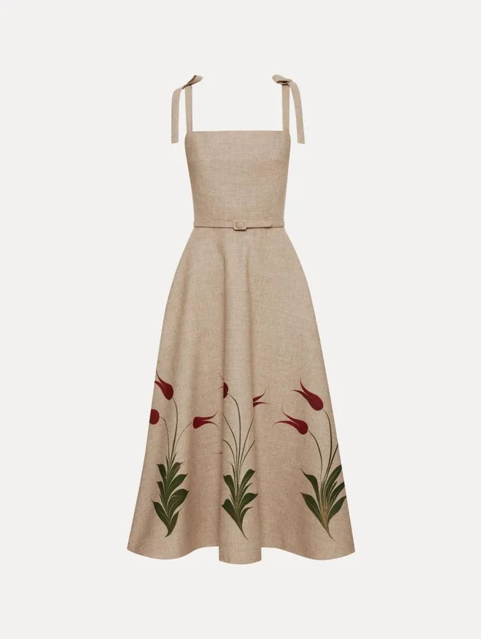 Women Marbled Tulip Canvas Dress Linen Red Oscar De La Renta Dresses
