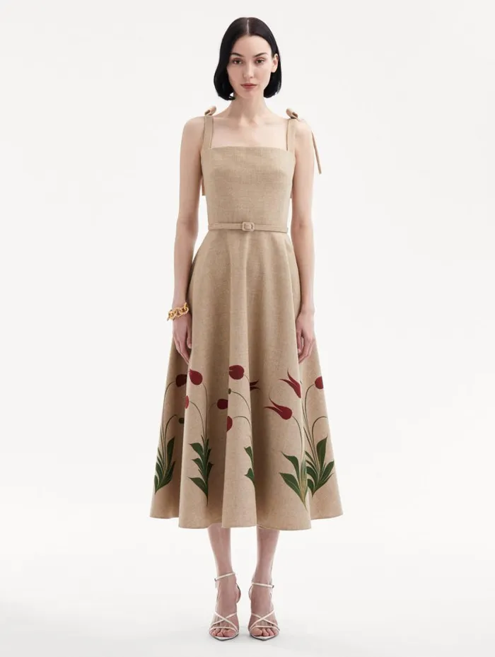 Women Marbled Tulip Canvas Dress Linen Red Oscar De La Renta Dresses Women Marbled Tulip Canvas Dress Linen Red Oscar De La Renta Dresses