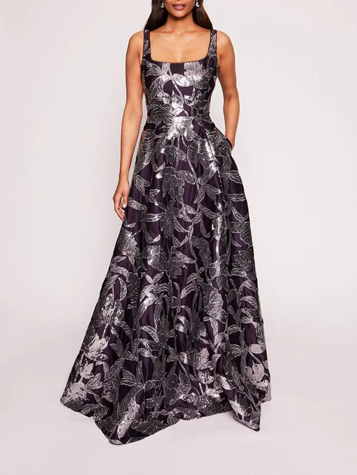 Women Marchesa Dresses Lotus Sequin Gown Aubergine Gunmetal