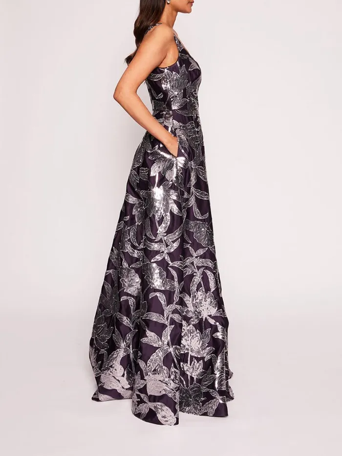 Women Marchesa Dresses Lotus Sequin Gown Aubergine Gunmetal Women Marchesa Dresses Lotus Sequin Gown Aubergine Gunmetal