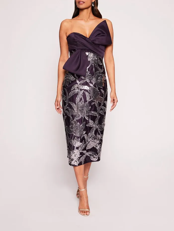Women Marchesa Dresses Lotus Sequin Midi Dress Aubergine Gunmetal