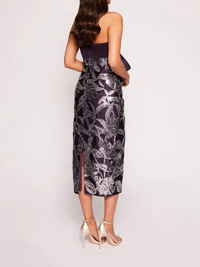Women Marchesa Dresses Lotus Sequin Midi Dress Aubergine Gunmetal