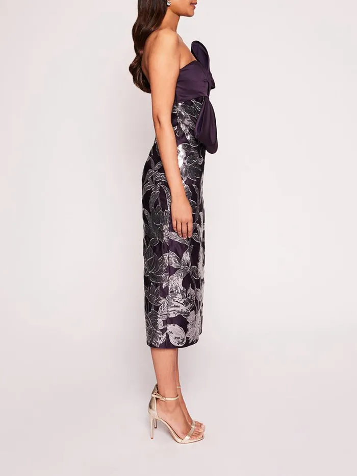 Women Marchesa Dresses Lotus Sequin Midi Dress Aubergine Gunmetal