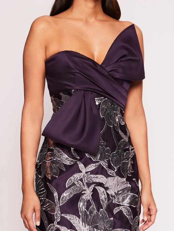 Women Marchesa Dresses Lotus Sequin Midi Dress Aubergine Gunmetal