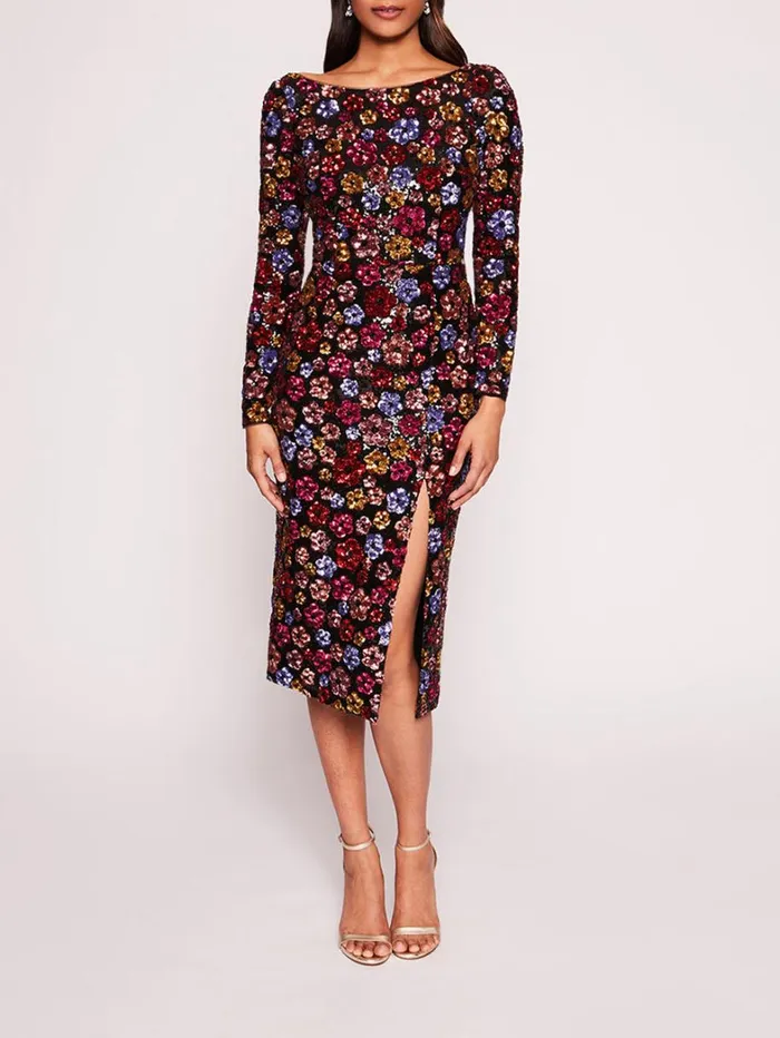Women Marchesa Dresses Sequin Bouquets Midi Dress Multi