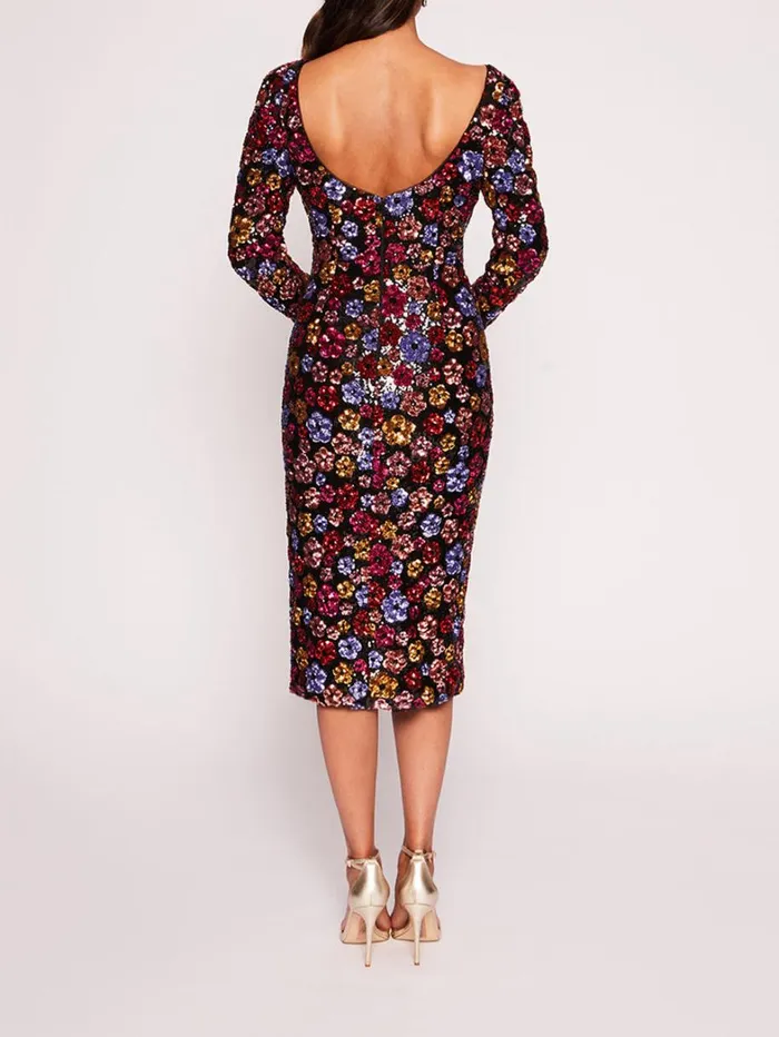 Women Marchesa Dresses Sequin Bouquets Midi Dress Multi