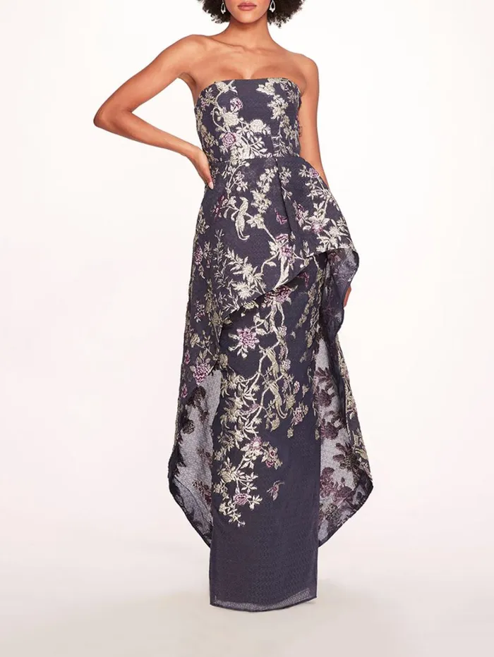 Women Marchesa Dresses Strapless Gilded Gown Navy