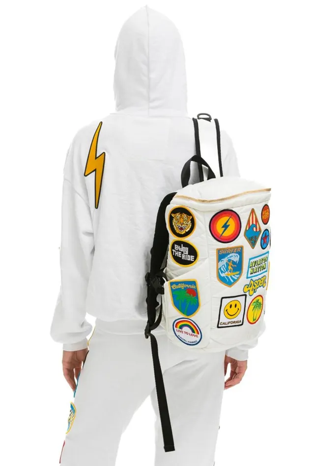 WomenMen Backpacks Aviator Nation Vintage Patch Puffer Backpack 8211 White Glossy