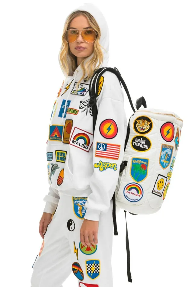 WomenMen Backpacks Aviator Nation Vintage Patch Puffer Backpack 8211 White Glossy