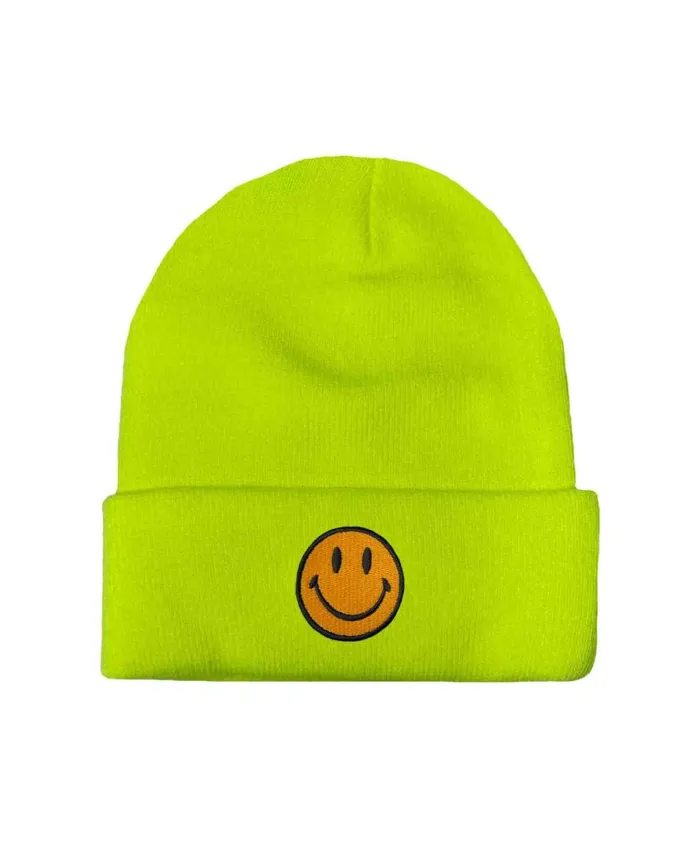 WomenMen Beanies Aviator Nation Smiley 2 Full Rib Beanie 8211 Neon Yellow