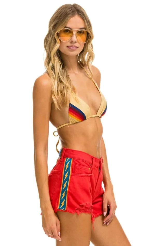 WomenMen Denim Aviator Nation Bolt Stripe Boyfriend Cutoff Jean Shorts 8211 Red