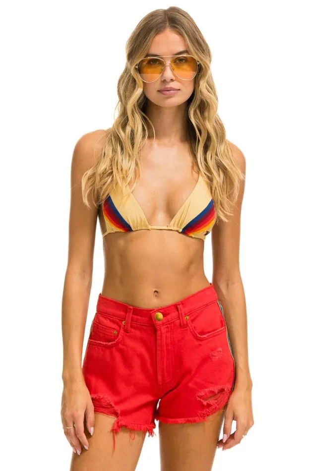 WomenMen Denim Aviator Nation Bolt Stripe Boyfriend Cutoff Jean Shorts 8211 Red
