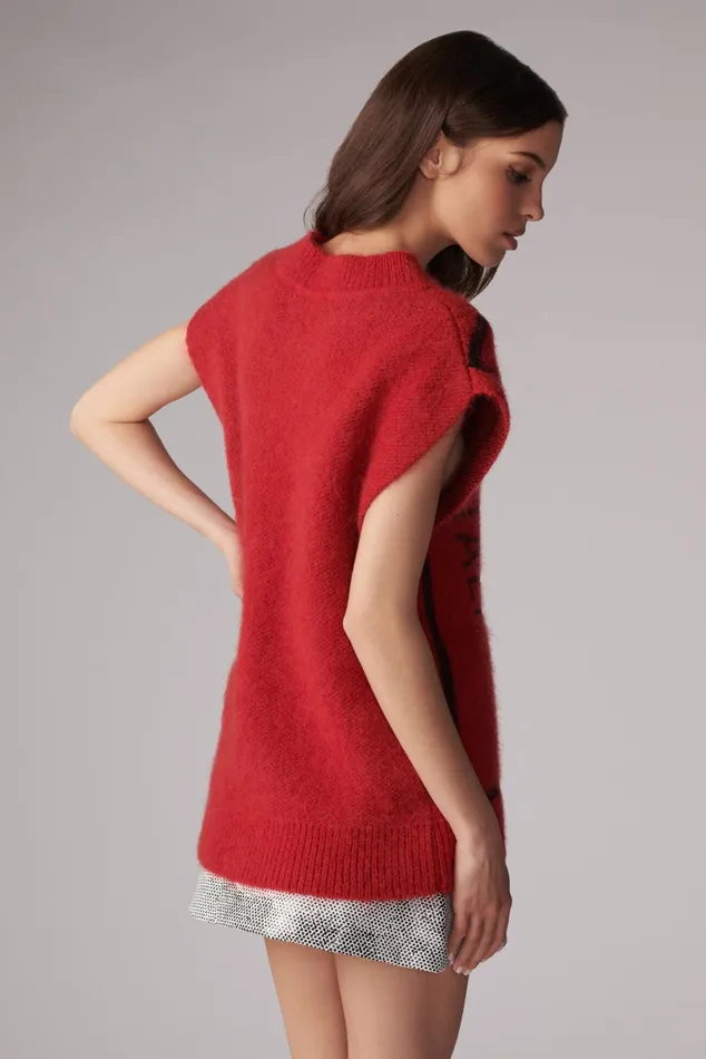 WomenMen Fiorucci Knitwear Unisex Safety Jeans Knit Jumper Vest Red WomenMen Fiorucci Knitwear Unisex Safety Jeans Knit Jumper Vest Red