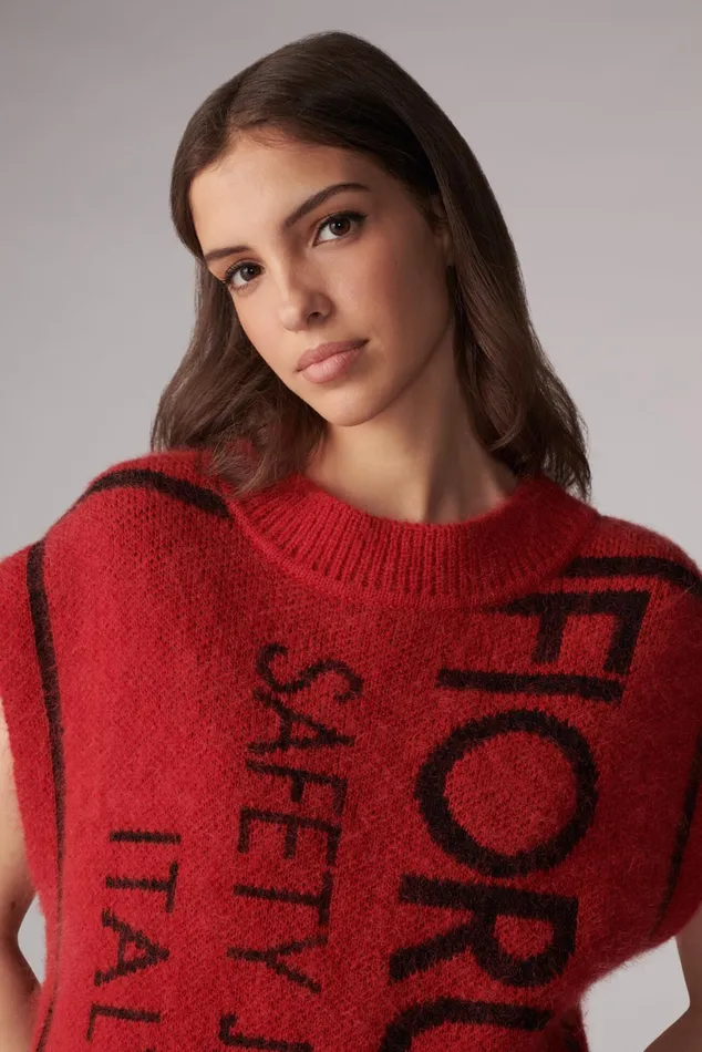 WomenMen Fiorucci Knitwear Unisex Safety Jeans Knit Jumper Vest Red WomenMen Fiorucci Knitwear Unisex Safety Jeans Knit Jumper Vest Red