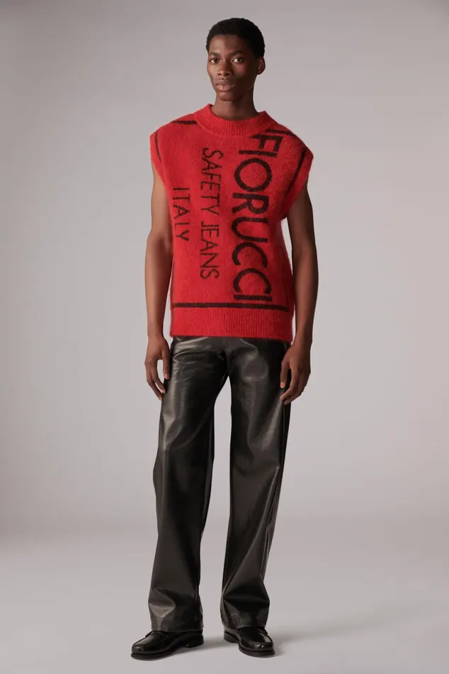 WomenMen Fiorucci Knitwear Unisex Safety Jeans Knit Jumper Vest Red WomenMen Fiorucci Knitwear Unisex Safety Jeans Knit Jumper Vest Red