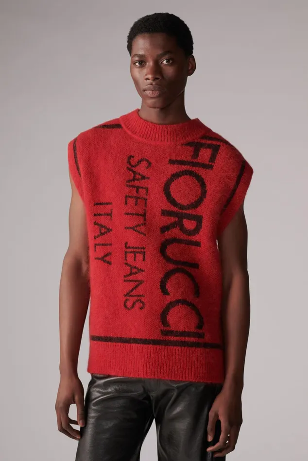 WomenMen Fiorucci Knitwear Unisex Safety Jeans Knit Jumper Vest Red WomenMen Fiorucci Knitwear Unisex Safety Jeans Knit Jumper Vest Red
