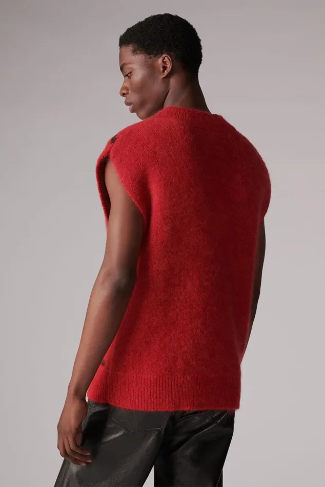 WomenMen Fiorucci Knitwear Unisex Safety Jeans Knit Jumper Vest Red WomenMen Fiorucci Knitwear Unisex Safety Jeans Knit Jumper Vest Red