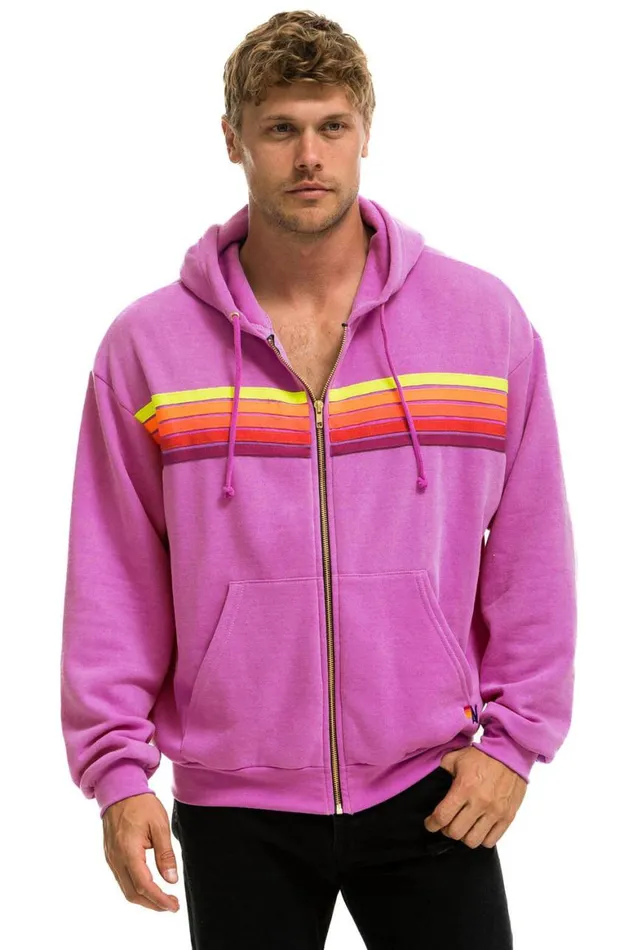 WomenMen Hoodies Aviator Nation 5 Stripe Relaxed Zip Hoodie 8211 Magenta Orange Yellow