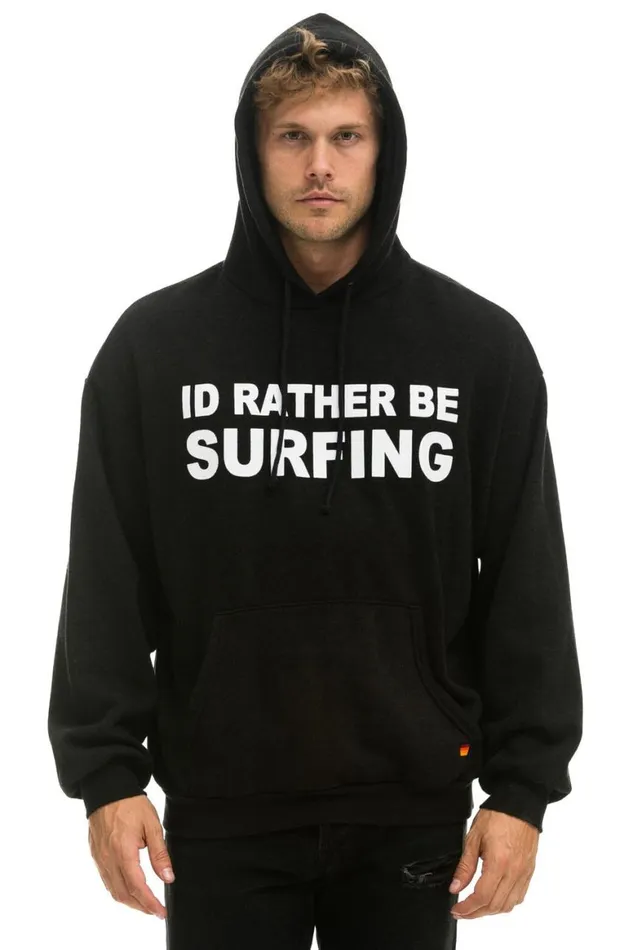 WomenMen Hoodies Aviator Nation Id Rather Be Surfing Relaxed Pullover Hoodie 8211 Black