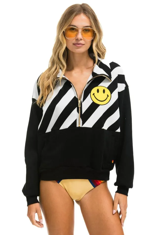 WomenMen Sweatshirts Aviator Nation Caution Smiley 2 Embroidery Fleece Half Zip Sweatshirt 8211 Black White WomenMen Sweatshirts Aviator Nation Caution Smiley 2 Embroidery Fleece Half Zip Sweatshirt 8211 Black White